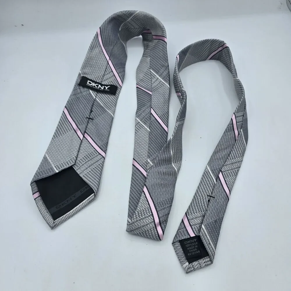 Necktie Mens Vintage DKNY Tie, Grey Pink 100% Silk, measurement are 56 by 3 inch